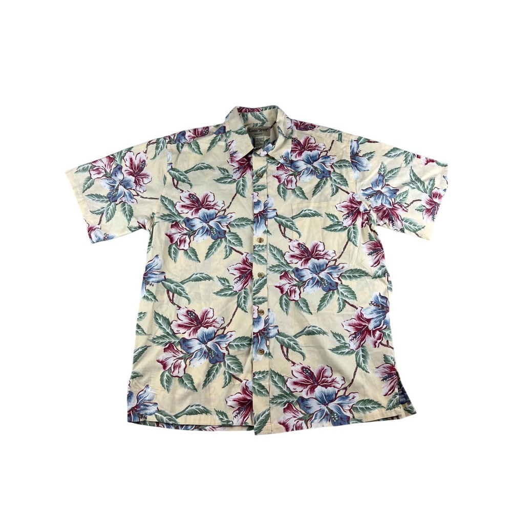 Cooke Street Honolulu Aloha Shirt Mens Medium Beige Blue Floral Hibiscus Cotton